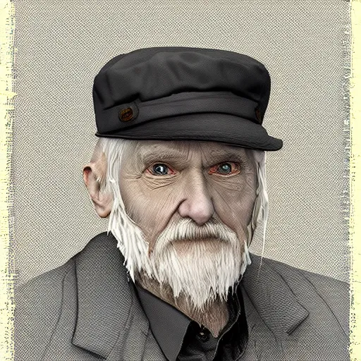 Image similar to realistic renderings of very old man portrait with a hat, astonishing scenes