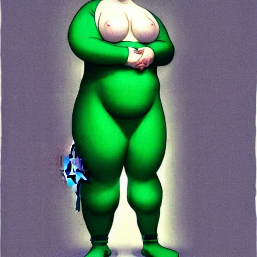 Image similar to a fat male pigeon in a green onepiece body suit, by Range Murata and Mucha