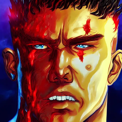 Image similar to portrait of guts from berserk submerged in red water, extremely detailed, made by Justin Fields artstation