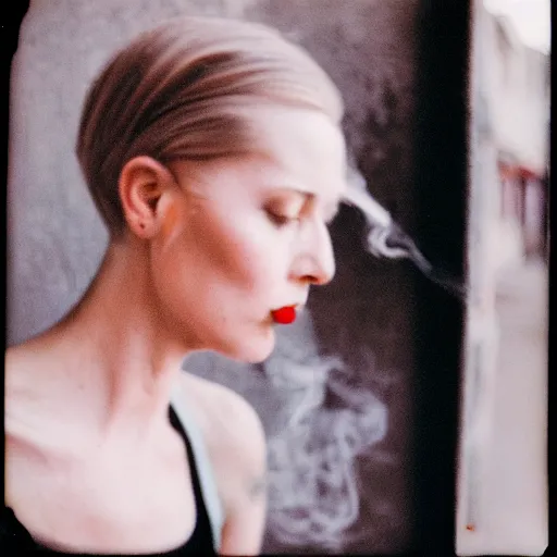 Image similar to a beautiful instant photograph of a short hair woman smoking in the street, leaning on the wall, polaroid, technicolor, light leak, raw,