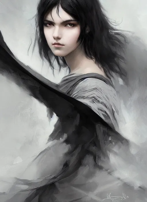 Image similar to a teenage girl with very short black hair and a huge cloak made of grey and black strips. mist swirls around her. beautiful highly detailed face. beautiful painting by artgerm and greg rutkowski and raymond swanland