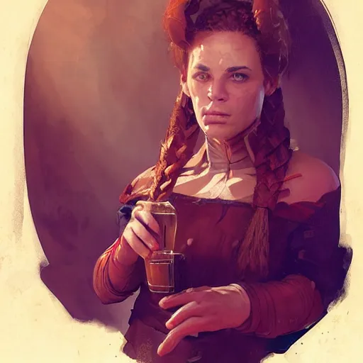 Prompt: a medieval bartender from brazil, female, red french braid, sarcastic and friendly, sci fi character portrait by Greg Rutkowski, Craig Mullins