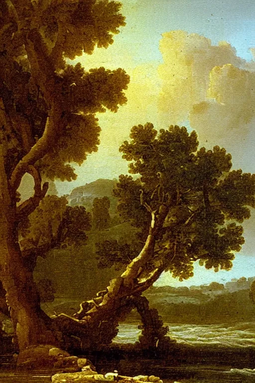 Image similar to oil painting of a old tree next to a raging river by claude lorrain