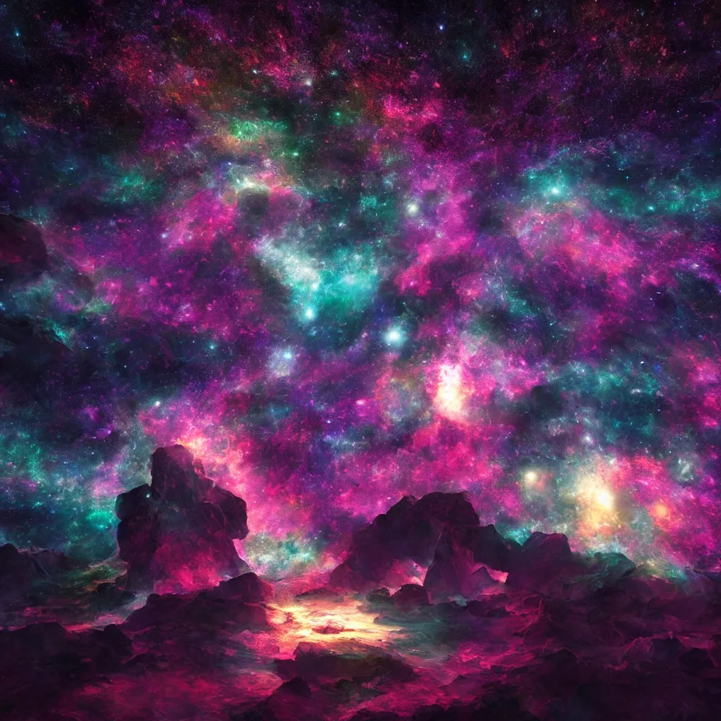 Image similar to Island in a galaxy made of stars, space, nebulas stars Dmt Psychedelic cosmos, cosmic, Hallucination, night sky; 8k, artstation, unreal engine, octane render, hdr, surrealistic, hyperrealism, glow, photorealistic, volumetric lighting, Dreamy, dynamic, mystical