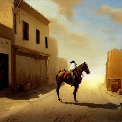 Image similar to oil painting cowboy on dusty street, very very very very very beautiful nature art, masterpiece, realistic and detailed, romanticism by goya