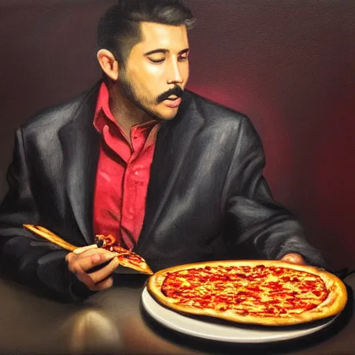 Prompt: A highly detailed portrait of a charro eating pizza, dramatic lighting