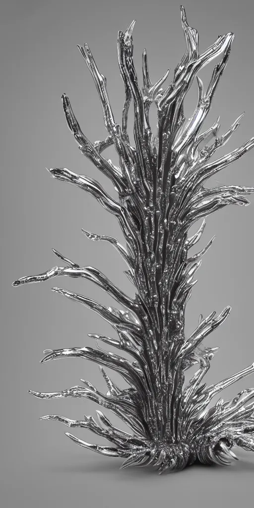 Image similar to a photorealistic render of a metallic neotribal spiky glaucus atlanticus sculpture, greyscale, made of liquid metal, c 4 d, by zhelong xu and ernst haeckel, wide angle, hyper realistic, plain background, 8 k, volumetric lightning, octane render