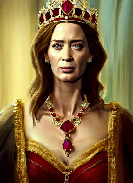 Image similar to portrait of emily blunt as queen, jewelry, greek, ruby, victorian age, 1 8 9 0, intricate, headshot, key visual, conceptart, ambient lighting, highly detailed, digital painting, artstation, concept art, sharp focus, by makoto shinkai and akihiko yoshida and greg manchess