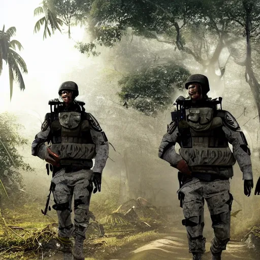 Image similar to Mercenary Special Forces soldiers in light grey uniforms with black armored vest and helmet escorting a VIP in the jungles of Tanoa, combat photography by Feng Zhu, highly detailed, excellent composition, cinematic concept art, dramatic lighting, trending on ArtStation