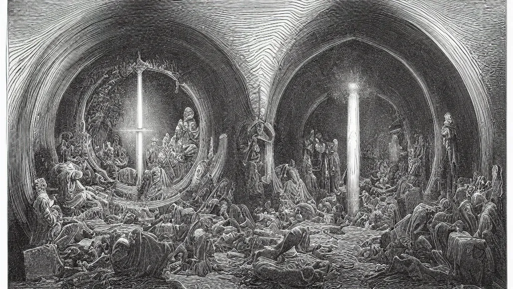 Prompt: mankinds discovery of alchemy sacred geometry engraving by gustave dore