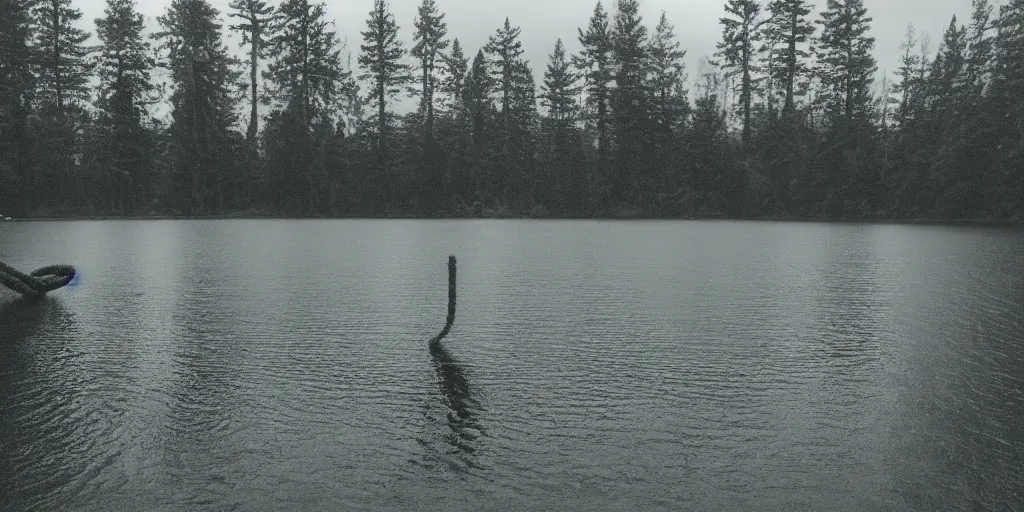 Image similar to symmetrical photograph of a very long rope on the surface of the water, the rope is snaking from the foreground stretching out towards the center of the lake, a dark lake on a cloudy day, trees in the background, anamorphic lens