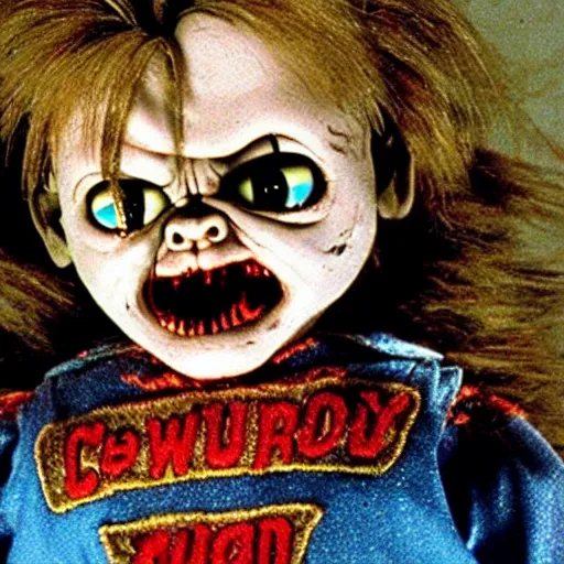 Prompt: Evil creepy looking Chucky the killer doll from Child's Play surrounded by zombies in the movie Dawn of the Dead