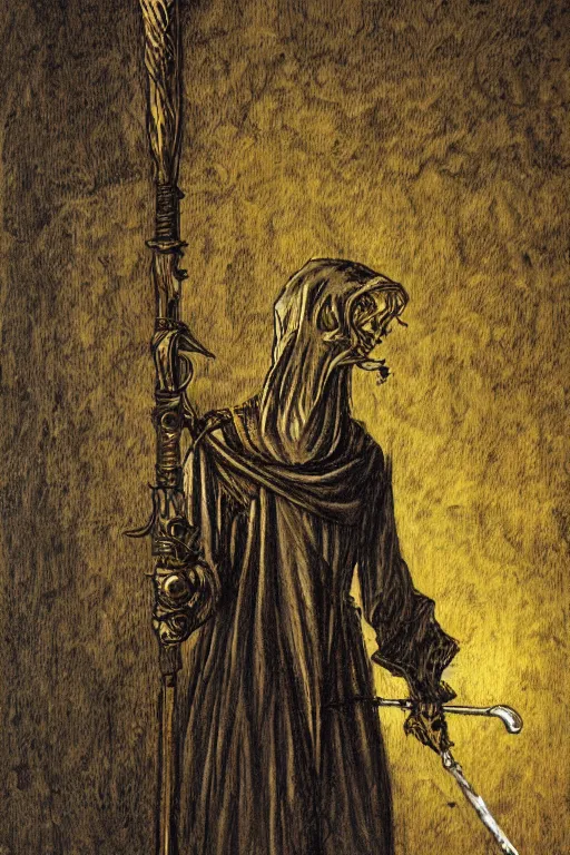 Image similar to portrait of heretic inquisitor holding a golden staff, ghosts in the background, style by masahiro ito
