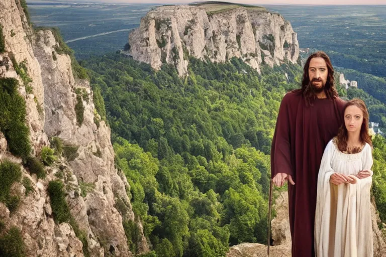 Image similar to an extreme close - up photo of jesus and mary magdalene standing on a cliff looking over a beautiful landscape in france, rennes - le - chateau, award winning photo, very detailed, very realistic cinematic