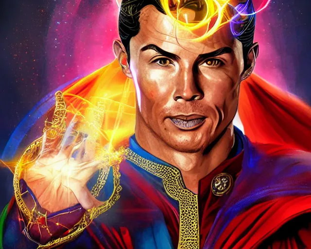 Image similar to cristiano ronaldo as doctor strange, colorful spells, fantasy art, in the style of Fernando Juarez, illustration, epic art, fantasy, intricate, elgant, amazing detail, digital painting, artstation, concept art, smooth, sharp focus