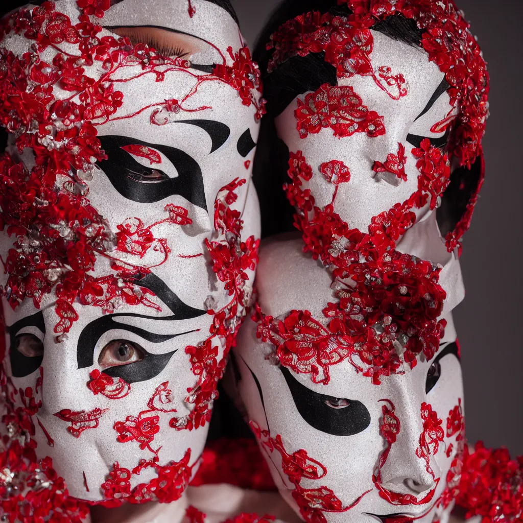 Prompt: highly detailed editorial photography of a woman wearing a red and white Kabuki mask, reflective light, at twilight, ultra fashion 8K, intricate, 105mm f2.8