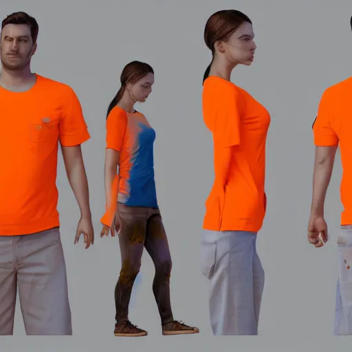 Image similar to man in orange t - shirt hugging girl, vivid colors, character sheet, fine details, concept design, contrast, kim jung gi, greg rutkowski, trending on artstation, 8 k, full body, turnaround, front view, back view, ultra wide angle