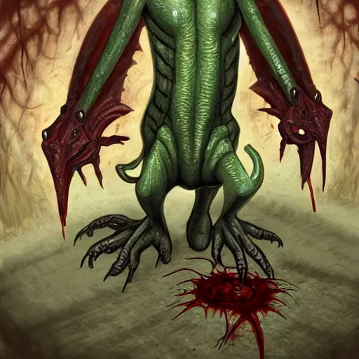 Image similar to big butcher anthropomorphic male lizardfolk posing scarily, scary angry pose, chasing you, bloody, covered in blood, fresh kill, cleaver, in a cave, earie setting, lovecraft eldritch horror, hyperdetailed, furaffinity, anthro art