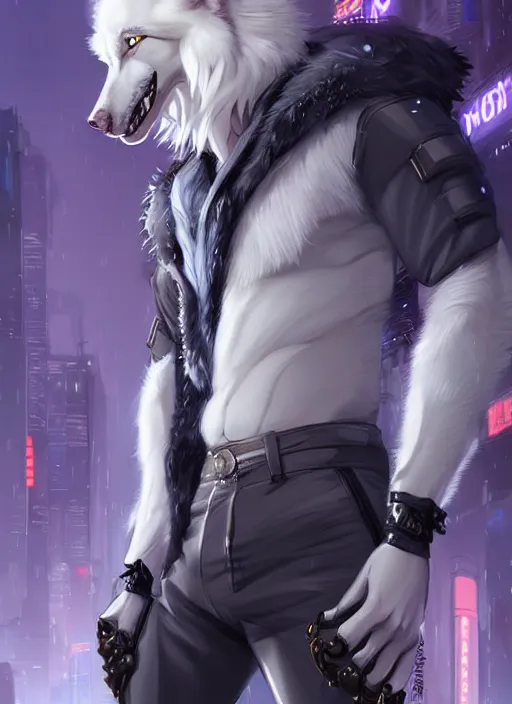 Prompt: award winning beautiful portrait commission art of a muscular male furry anthro albino wolf fursona with a tail and a cute beautiful attractive detailed furry face wearing black stylish cyberpunk pants and boots in a cyberpunk city at night while it rains. Character design by charlie bowater, ross tran, artgerm, and makoto shinkai, detailed, inked, western comic book art