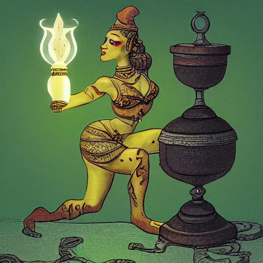 Image similar to a green frog-like genie woman rising out of a lamp, fantasy illustration