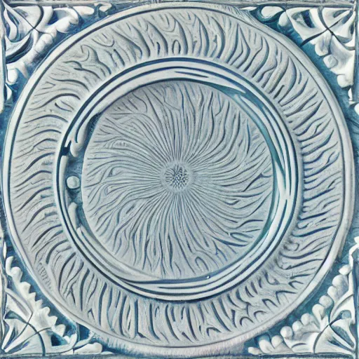 Image similar to maze, thin lines, ernst haeckel, carved soapstone relief paneling white and pale blue