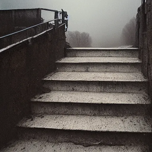 Prompt: a staircase on a desolate plain. the stairs lead nowhere Cinematic focus, fujicolor photo, vintage, neutral colors, soft lights, foggy, panorama by by Serov Valentin, by lisa yuskavage, by Andrei Tarkovsky