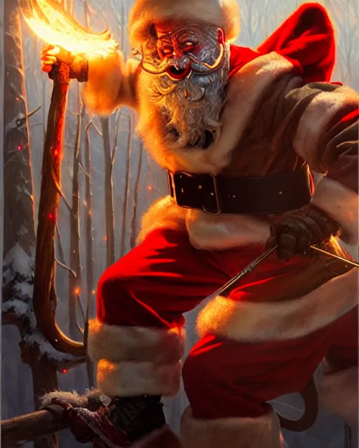 Image similar to santa battles krampus, fine details, realistic shaded lighting poster by greg rutkowski, magali villeneuve, artgerm, jeremy lipkin and michael garmash and rob rey