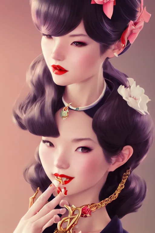 Image similar to a pin up and beautiful fashion charming dreamlke japan girl with lv jewelry, character art, art by artgerm lau and wlop and and ilya kuvshinov and john singer sargent, hyperdetailed, 8 k realistic, symmetrical, frostbite 3 engine, cryengine, dof, trending on artstation, digital art