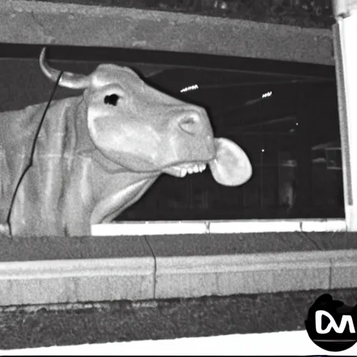 Prompt: creepy cow at night, creepy cctv footage, disturbing horror photo