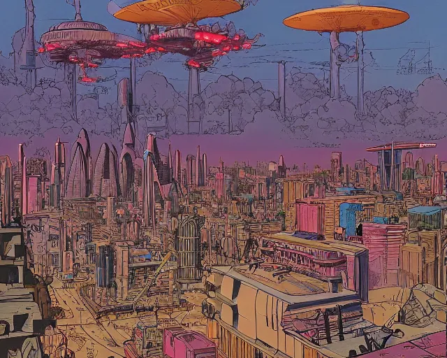 Image similar to atompunk / decopunk city in the style of jean giraud in the style of moebius trending on artstation deviantart pinterest detailed realistic hd 8 k high resolution