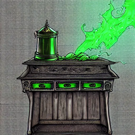 Image similar to a black cauldron filled with a magical green glowing potion standing in an old wilden desk, medieval, digital art, dark brown white green colours, mysterious, very detailed, realistic