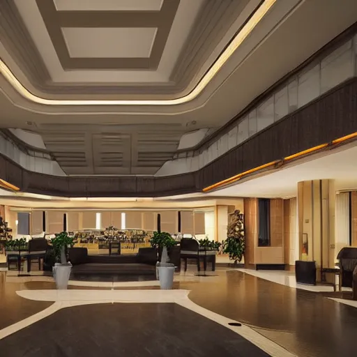 Prompt: wide angle view of an elegant hotel lobby, in the style of cell shaded anime, modern anime style, official anime still