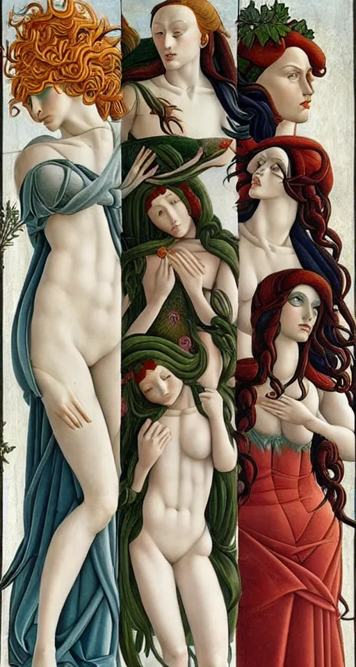 Prompt: 12 figures, representing the 4 seasons, (3 are Winter, 3 are Spring, 3 are Summer and 3 are Autumn), in a mixed style of Botticelli and Æon Flux!!, inspired by pre-raphaelite paintings, and cyberpunk!!!, stunningly detailed, stunning inking lines, flat colors, 4K photorealistic