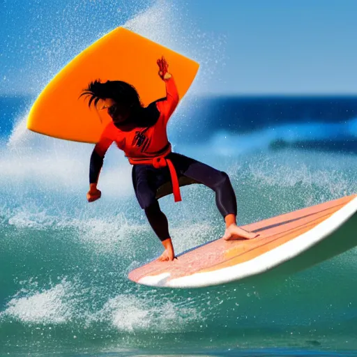 Prompt: a karate person in a karate outfit surfing on waves made of pumpkin soup