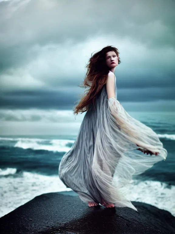 Image similar to cinestill 5 0 d photography of a woman britt marling 3 / 4 style of nicholas fols, 8 0 mm, dress in voile, hair like dark clouds floating on air, mute dramatic colours, soft blur outdoor stormy sea background, volumetric lighting, hyperdetailed, hyperrealistic