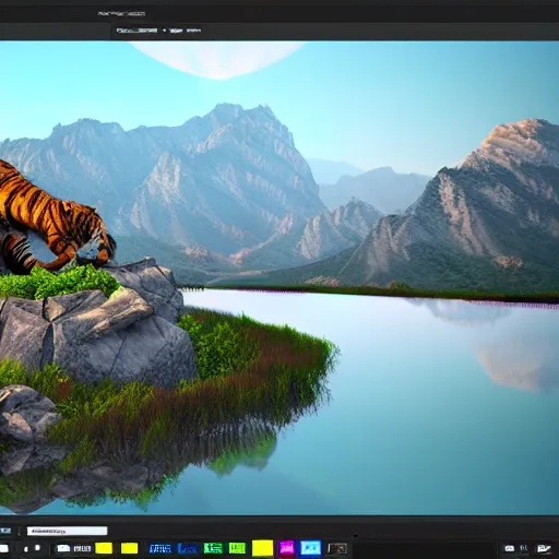 Prompt: hybrid of tiger and dragon, majestic, mountain and river in background, deviantart, global illumination radiating a glowing aura global illumination ray tracing hdr render in unreal engine 5
