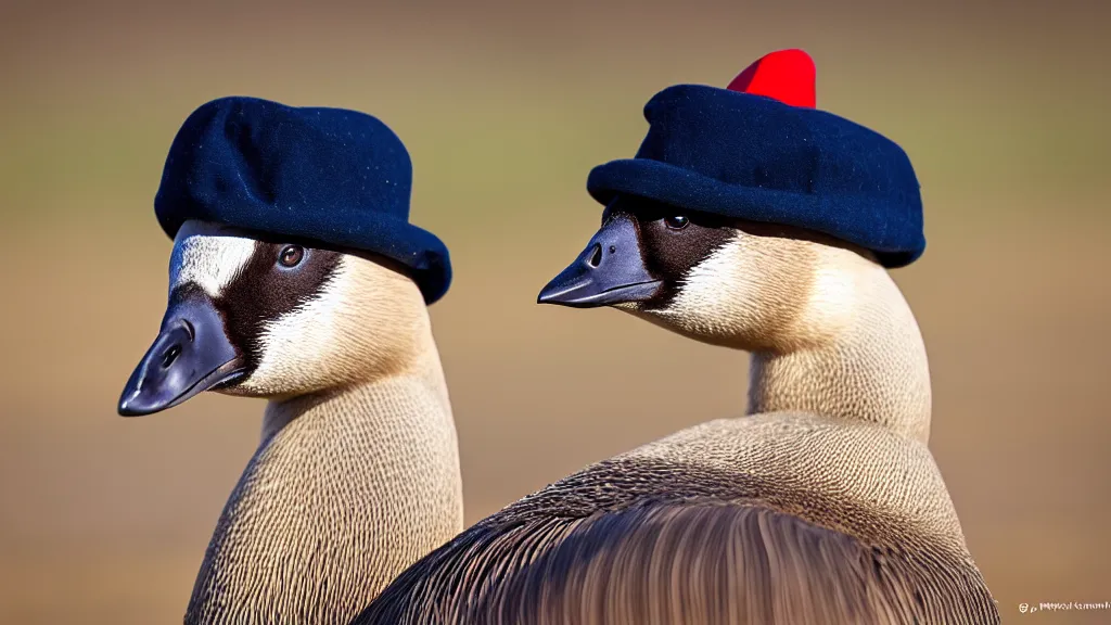 Prompt: Canadian Goose with a funny hat, Portrait Photo, Photorealistic, 100mm lens, Nat Geo Award Winner, 8k, UHD, (((((bokeh)))))