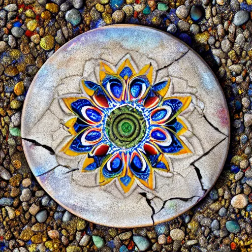 Prompt: a painted mandala stone in a creek bed concept art science fiction hdr 4k