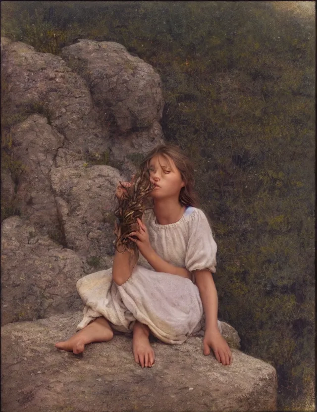 Image similar to peasant barefoot girl with blowing hair sitting on the edge of rock, cottage core, cinematic focus, polaroid photo bleached vintage pastel colors high - key lighting, soft lights, foggy, by steve hanks, by lisa yuskavage, by serov valentin, by tarkovsky, 8 k render, detailed, oil on canvas