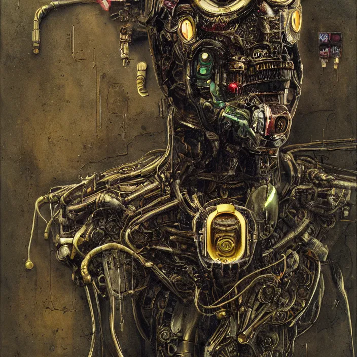 Prompt: in the art style of H.R. Giger a portrait of a brass and emerald Ultron from Age of Ultron, clockwork steampunk, head and chest only, by Beksinski, 4k, deviantart, trending on artstation