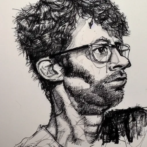 Image similar to a realistic yet scraggly portrait sketch of the side profile of a stern and sophisticated napoleon dynamite, trending on artstation, intricate details, in the style of frank auerbach, in the style of sergio aragones, in the style of martin ansin, in the style of david aja, in the style of mattias adolfsson