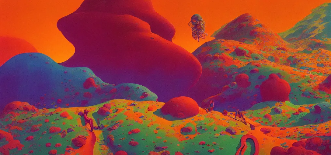 Prompt: a colorful vibrant psychedelic landscape made of human forms and dreaming psychedelic hallucinations, by moebius, edward hopper and james gilleard, zdzislaw beksinski, steven outram colorful flat surreal design, hd, 8 k, artstation