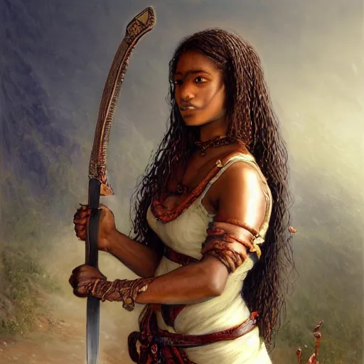 Image similar to artstation concept of a beautiful girl holding a sword in both hands, brown skin, sweaty skin, symmetrical face, casual white garment, brown canyon background, shiny colorful, hyperdetailed, artstation trending, world renowned artists, worth1000.com, historic artworks society, antique renewel, cgsociety, by greg rutkowski, by Gustave Dore, Deviantart