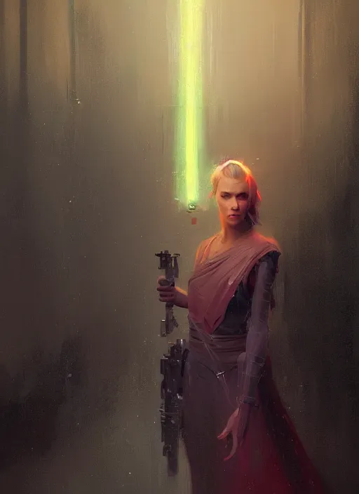 Prompt: female jedi, beautiful face, neon, rule of thirds, intricate outfit, spotlight, by greg rutkowski, by jeremy mann, digital painting