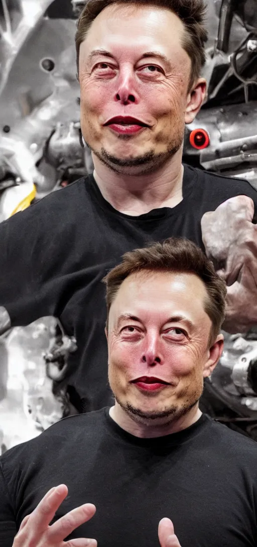 Prompt: a horror picture of elon musk with horns and machinery sticking out of his face