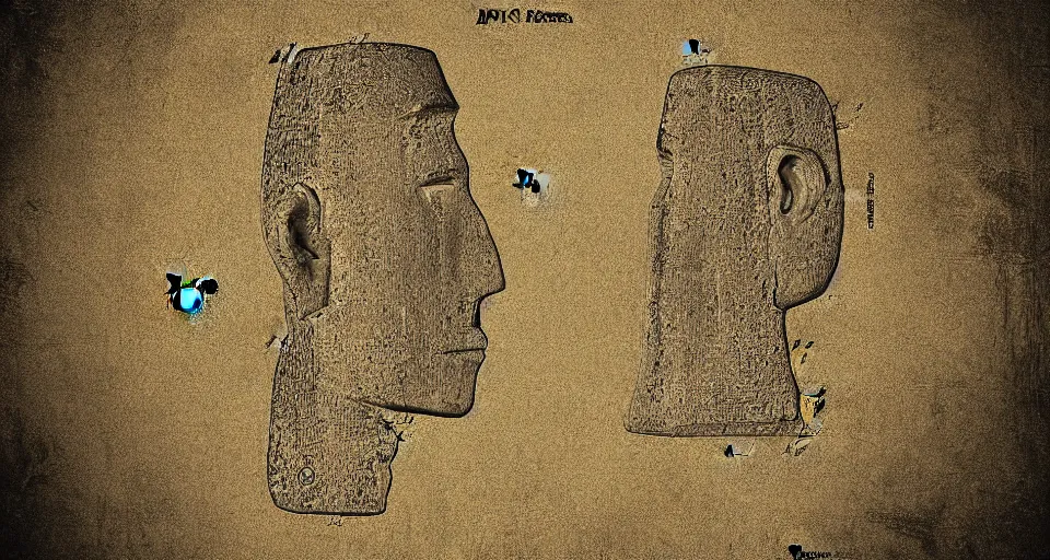 Image similar to moai head patent drawing, photorealistic