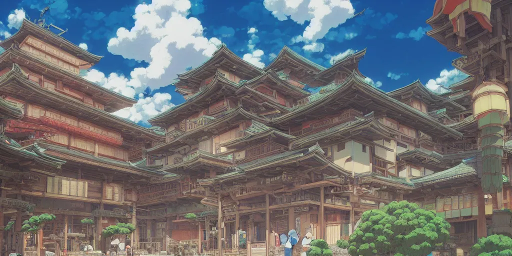 Image similar to bathhouse ( spirited away ), japanese, bright. photorealistic, expansive atmosphere, volumetric shading, intricate and detailed, vivid colors. breath of the wild style, by hayao miyazaki ghibli!!!. trending on artstation. award winning