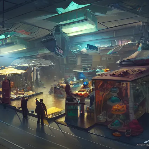 Image similar to alien market with alien vendors and shops, concept art, cinematic lighting, digital painting, artstation, cgsociety, Wayne Haag