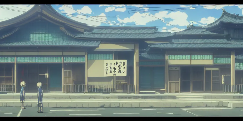 Prompt: close up front view of a japanese building facade with signs on it, a screenshot from the anime film by Makoto Shinkai with pretty edge highlights