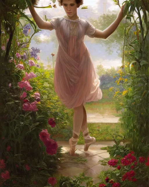 Image similar to a well - lit portrait painting of a shy, blushing 1 6 - year old alicia vikander or millie bobby brown as a ballerina in her flower garden with lanterns at night, intricate, elegant, highly detailed, artstation, concept art, by krenz cushart and donato giancola and william adolph bouguereau and alphonse mucha